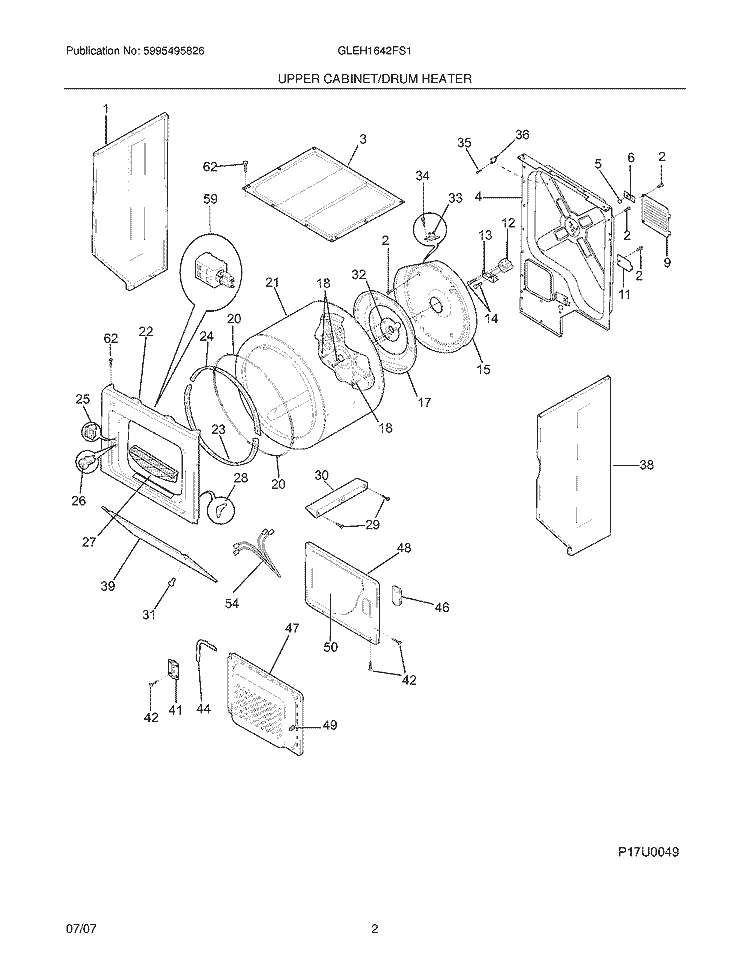 UPPER CABINET / DRUM HEATER Diagram and Parts List for GLEH1642FS1  Frigidaire Washer Dryer Combo