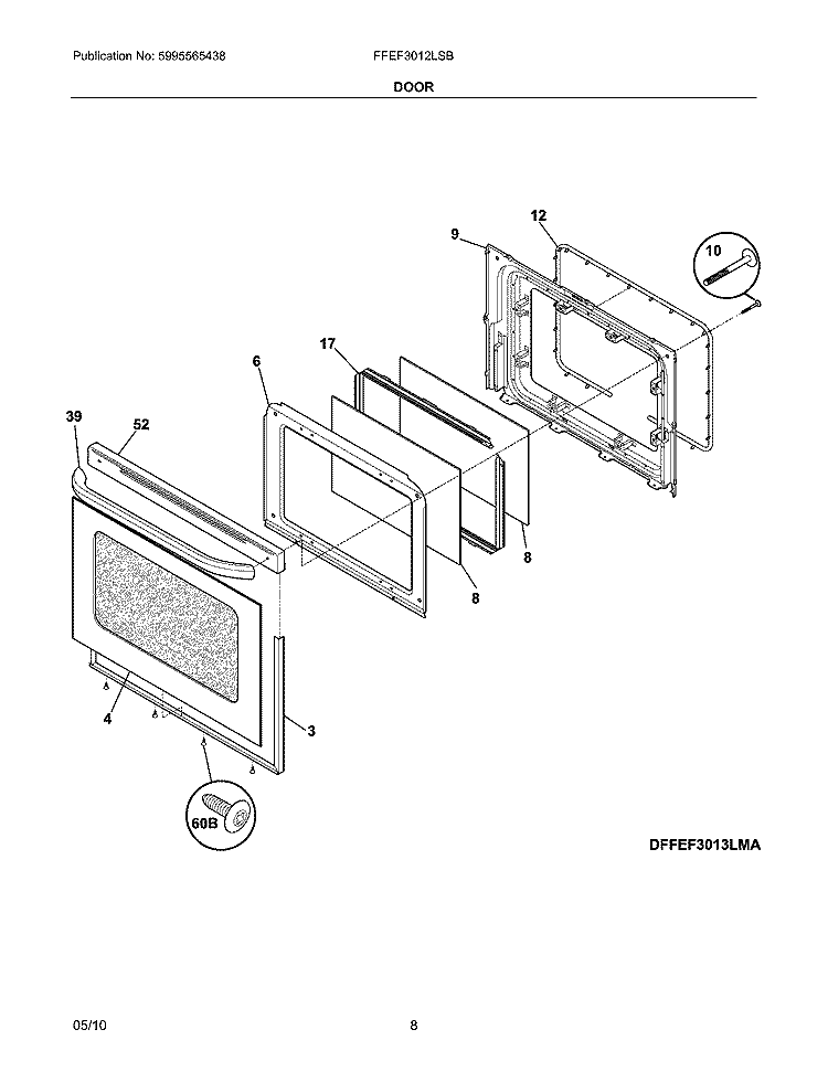 DOOR Diagram and Parts List for FFEF3012LSB  Frigidaire Range
