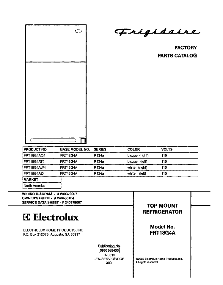 COVER Diagram and Parts List for FRT18G4AQ4  Frigidaire Refrigerator
