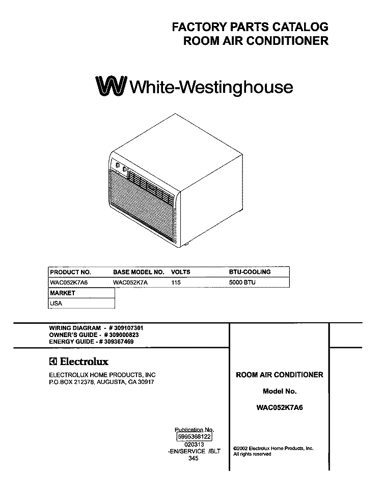 COVER Diagram and Parts List for WAC052K7A6  Westinghouse Air Conditioner