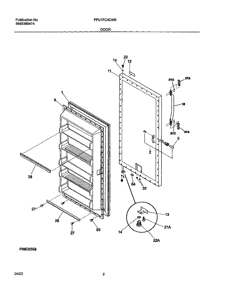 DOOR Diagram and Parts List for FFU17C4CW0  Frigidaire Freezer