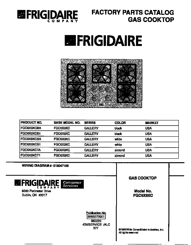 COVER Diagram and Parts List for FGC6X9XCBA  Frigidaire Cooktop