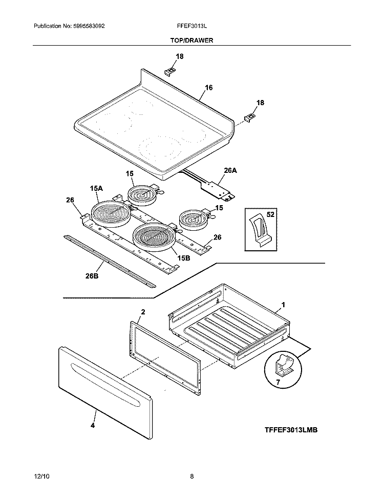 TOP/DRAWER Diagram and Parts List for FFEF3013LBD  Frigidaire Range