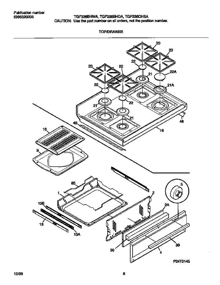 TOP / DRAWER Diagram and Parts List for TGF336CHSA  Tappan Range