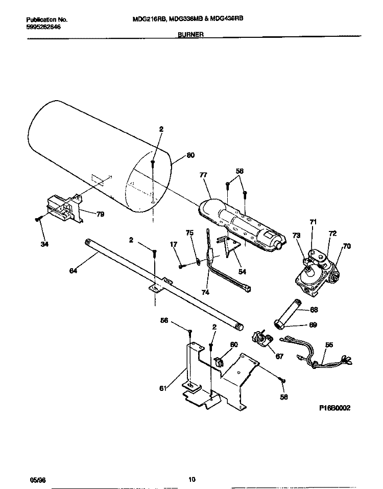 BURNER Diagram and Parts List for MDG216RBW2  Kelvinator Dryer