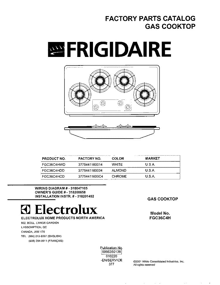 COVER Diagram and Parts List for FGC36C4HCD  Frigidaire Cooktop