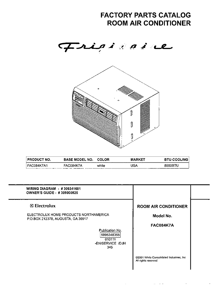 COVER Diagram and Parts List for FAC084K7A1  Frigidaire Air Conditioner