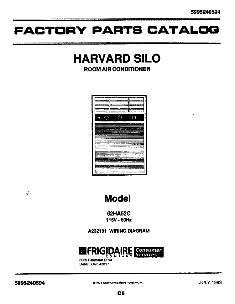 COVER Diagram and Parts List for 52HA52C  Frigidaire Air Conditioner