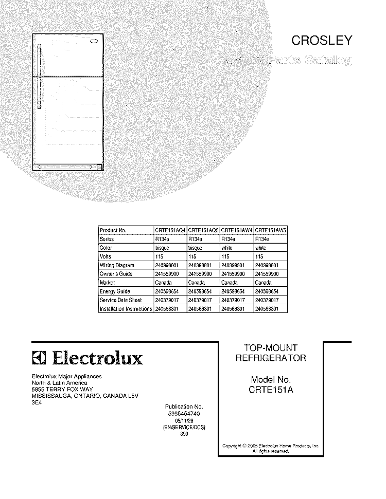 COVER Diagram and Parts List for CRTE151AQ4  Crosley Refrigerator