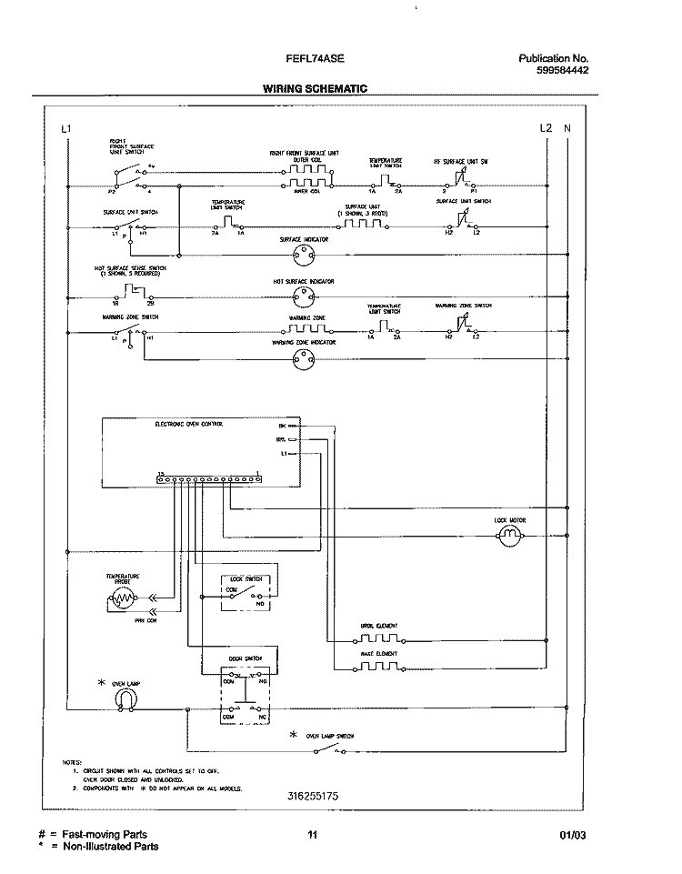 WIRING SCHEMATIC Diagram and Parts List for FEFL74ASE  Frigidaire Range