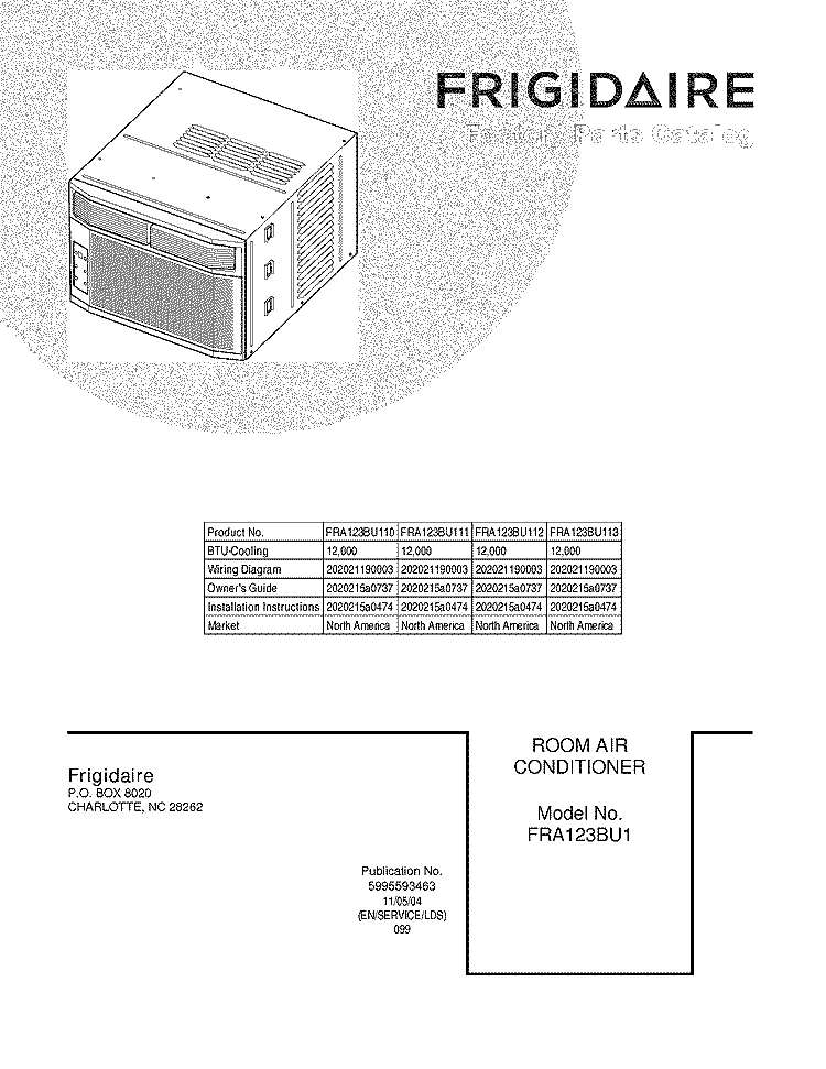 COVER Diagram and Parts List for FRA123BU110  Frigidaire Air Conditioner