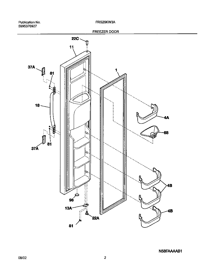 FREEZER DOOR Diagram and Parts List for FRS26KW3AW5  Frigidaire Refrigerator