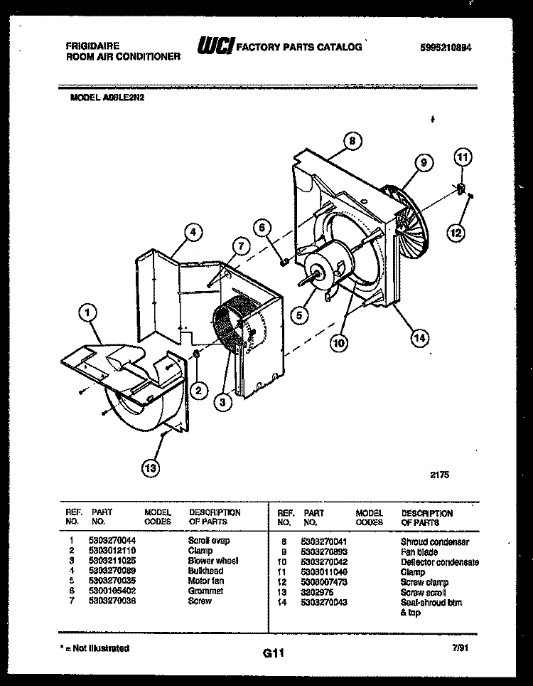 AIR HANDLING PARTS Diagram and Parts List for A08LE2N2  Frigidaire Air Conditioner
