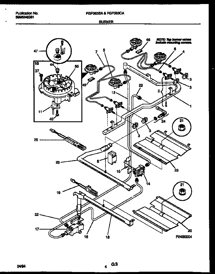BURNER, MANIFOLD AND GAS CONTROL Diagram and Parts List for FGF363BAWA  Frigidaire Range