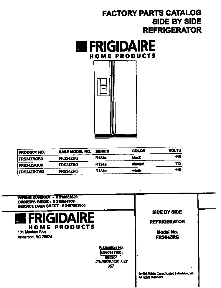 COVER Diagram and Parts List for FRS24ZRGW0  Frigidaire Refrigerator