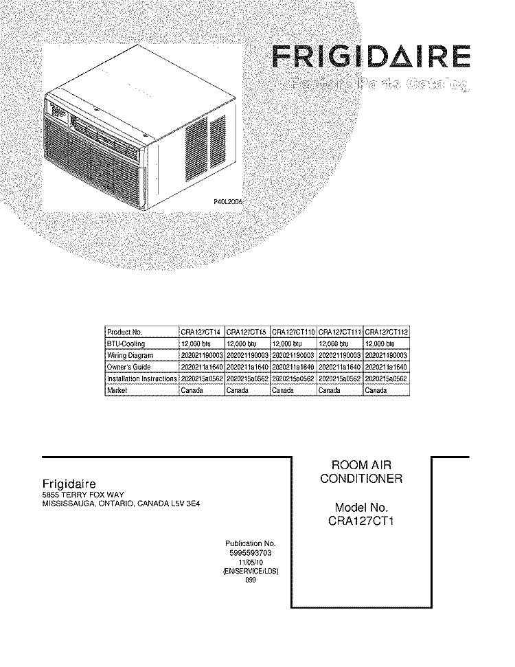 COVER Diagram and Parts List for CRA127CT14  Frigidaire Air Conditioner