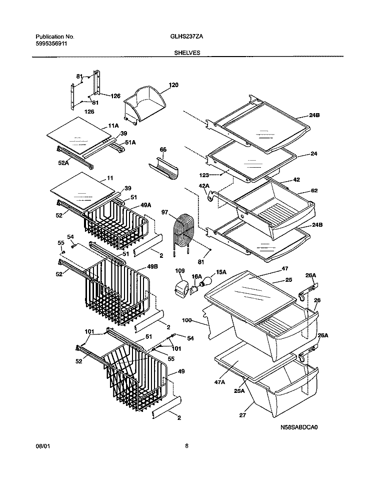 SHELVES Diagram and Parts List for GLHS237ZAQ1  Frigidaire Refrigerator