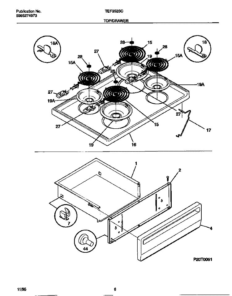 TOP / DRAWER Diagram and Parts List for TEF352SCWB  Tappan Range