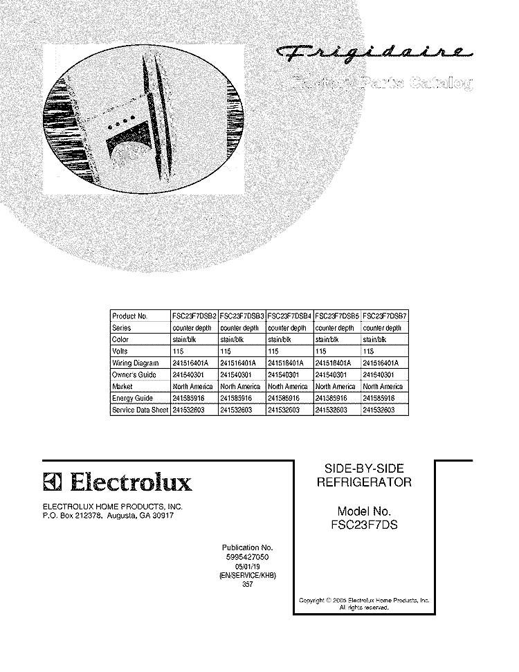 COVER Diagram and Parts List for FSC23F7DSB7  Frigidaire Refrigerator