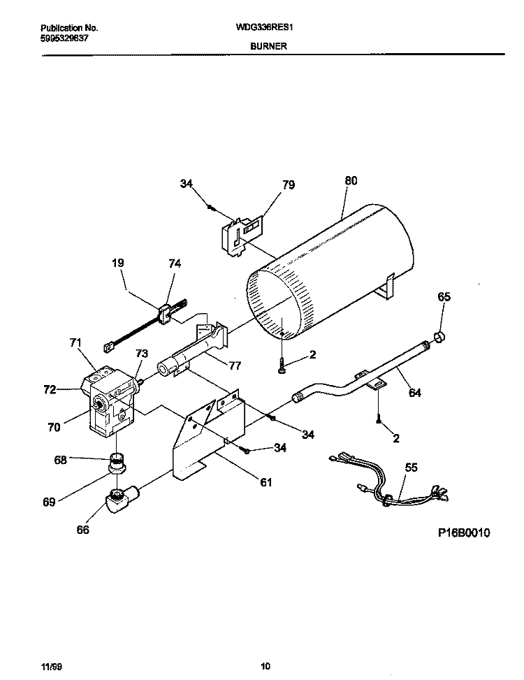 P12B0010 BURNER, VALVE Diagram and Parts List for WDG336RES1  Frigidaire Dryer