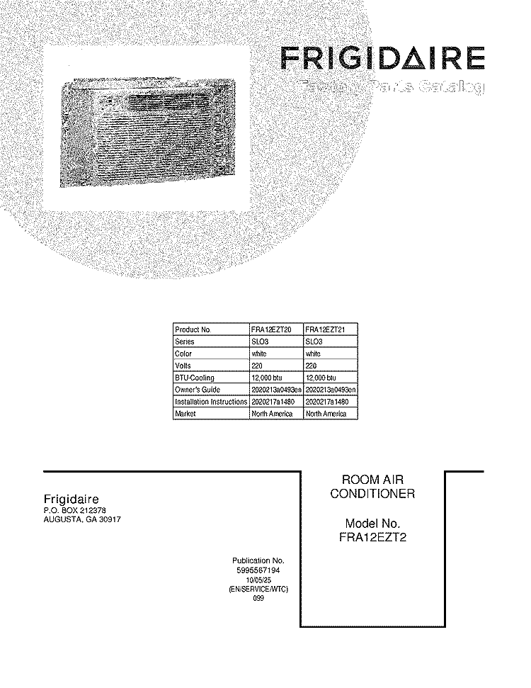 COVER Diagram and Parts List for FRA12EZT21  Frigidaire Air Conditioner