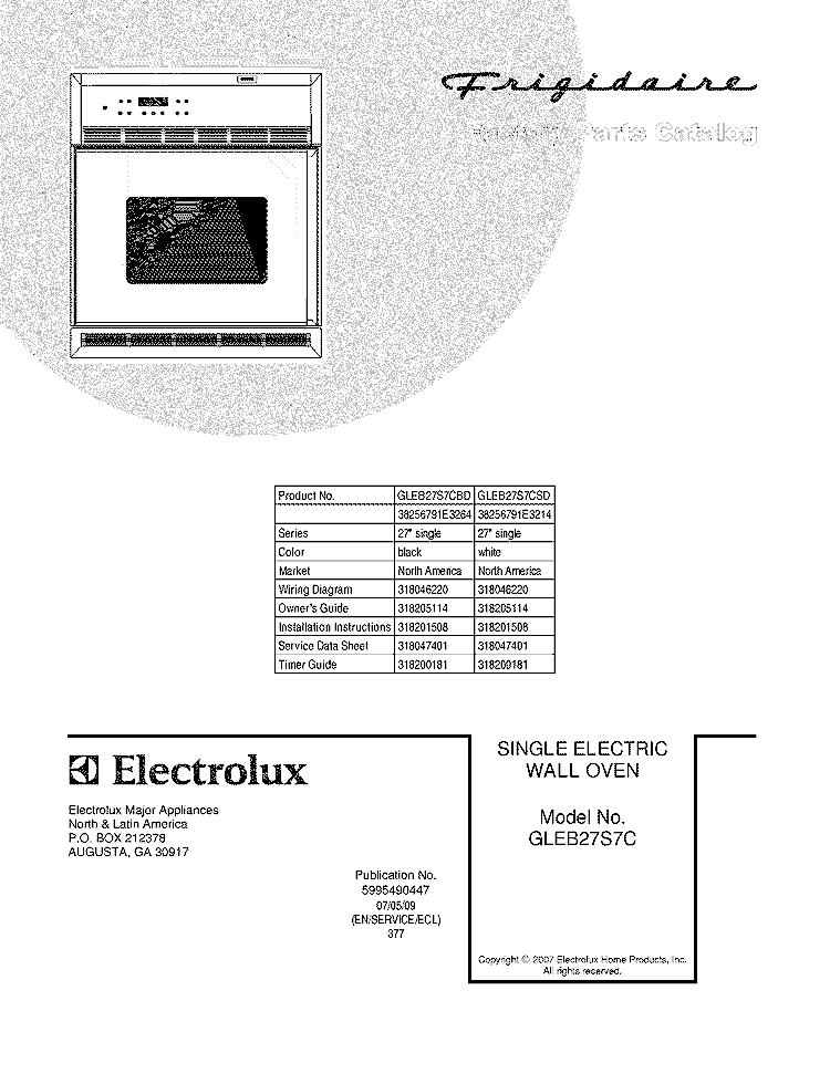 COVER Diagram and Parts List for GLEB27S7CSD  Frigidaire Wall Oven