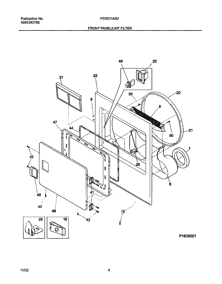 FRONT PANEL / LINT FILTER Diagram and Parts List for FER211AS2  Frigidaire Dryer