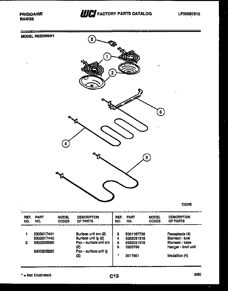 BROILER PARTS Diagram and Parts List for RE32BNW1  Frigidaire Range
