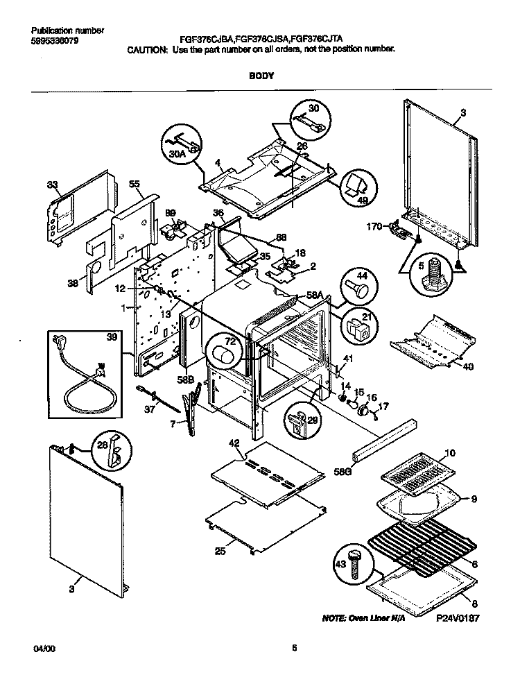 BODY Diagram and Parts List for FGF376CJBA  Frigidaire Range