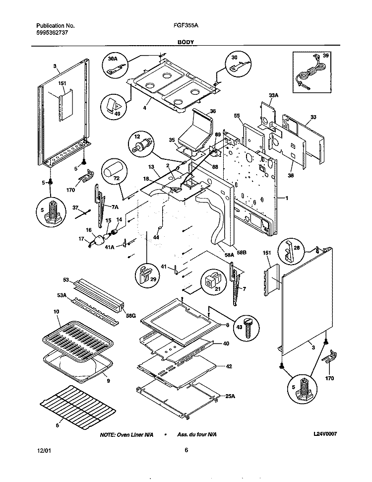 BODY Diagram and Parts List for FGF355ASB  Frigidaire Range