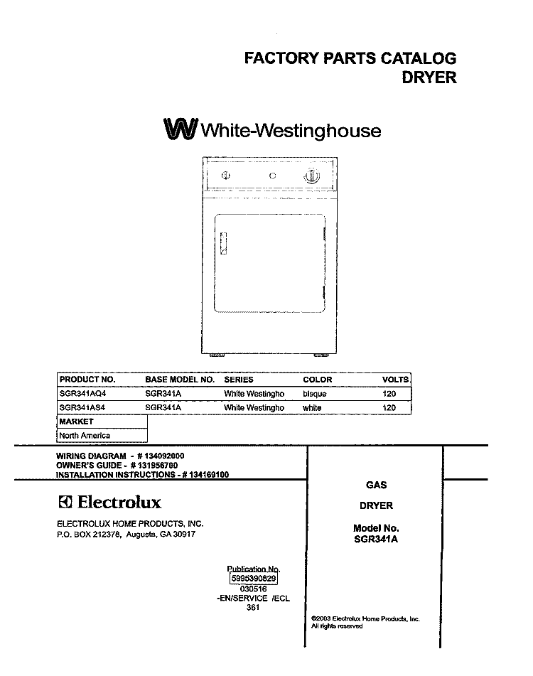 COVER Diagram and Parts List for SGR341AQ4  Westinghouse Dryer