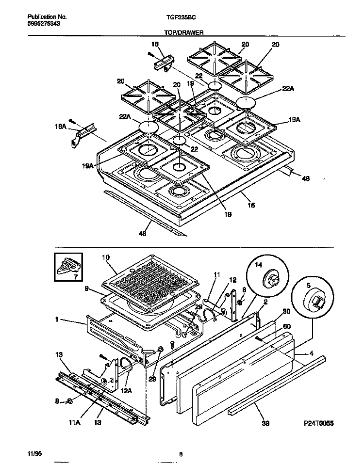 TOP / DRAWER Diagram and Parts List for TGF335BCWB  Tappan Range