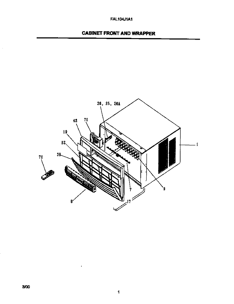 CABINET FRONT AND WRAPPER Diagram and Parts List for FAL104J1A1  Frigidaire Air Conditioner