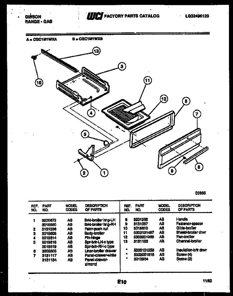 BROILER DRAWER PARTS Diagram and Parts List for CGC1M1WXB  Gibson Range