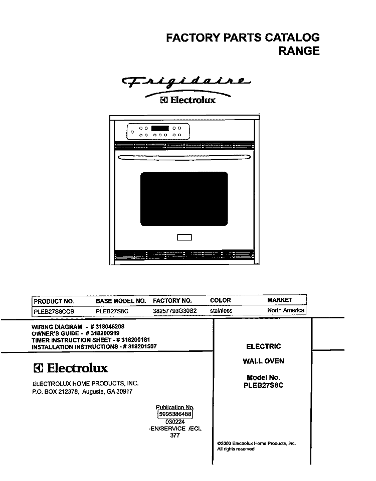 COVER Diagram and Parts List for PLEB27S8CCB  Frigidaire Wall Oven