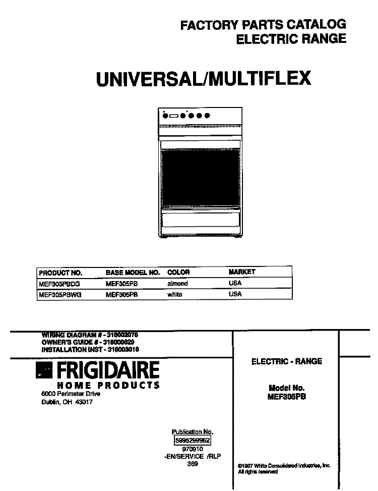 COVER Diagram and Parts List for MEF305PBWG  Frigidaire Range