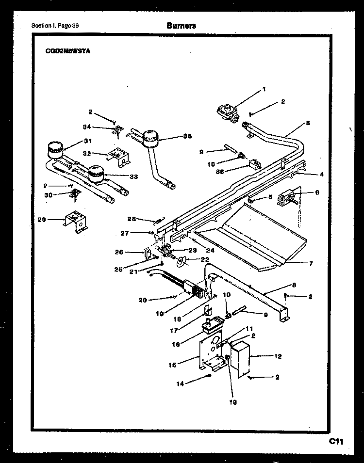 BURNERS Diagram and Parts List for CGD2M5WSTA  Gibson Range