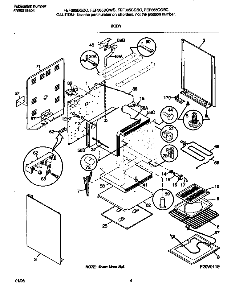 BODY Diagram and Parts List for FEF365CGSC  Frigidaire Range