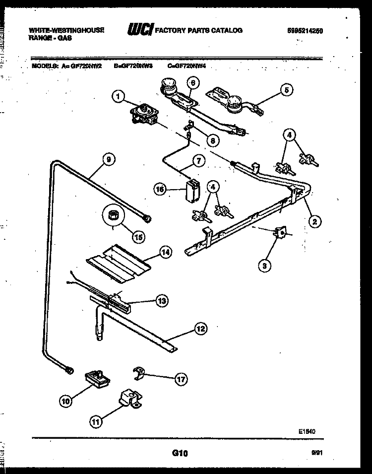 BURNER, MANIFOLD AND GAS CONTROL Diagram and Parts List for GF720NW3  Frigidaire Range