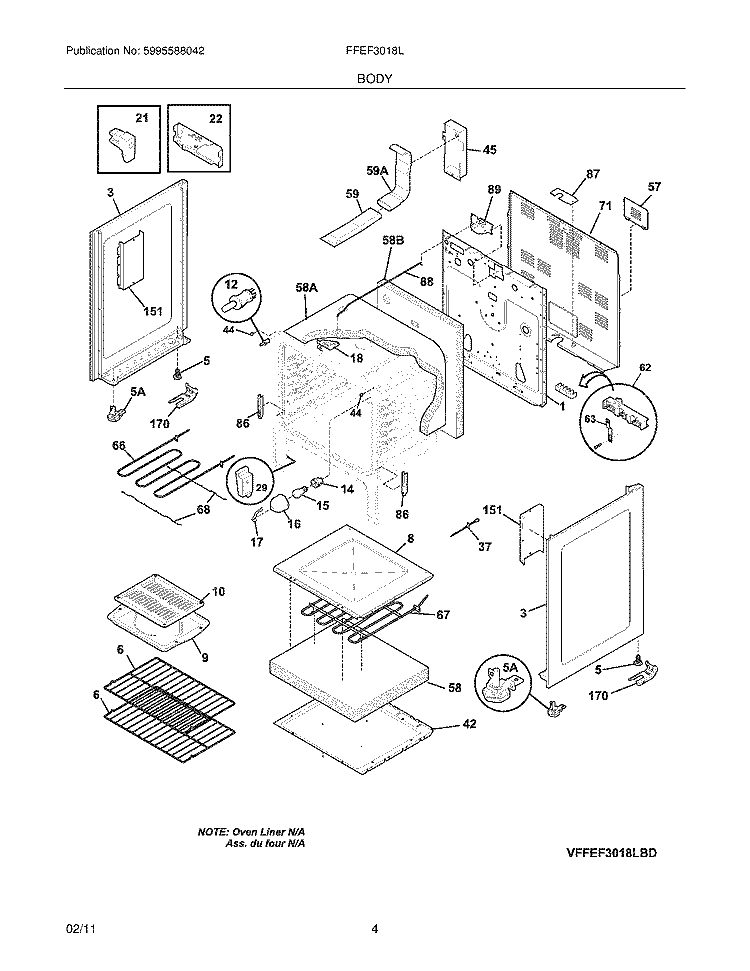 BODY Diagram and Parts List for FFEF3018LQD  Frigidaire Range