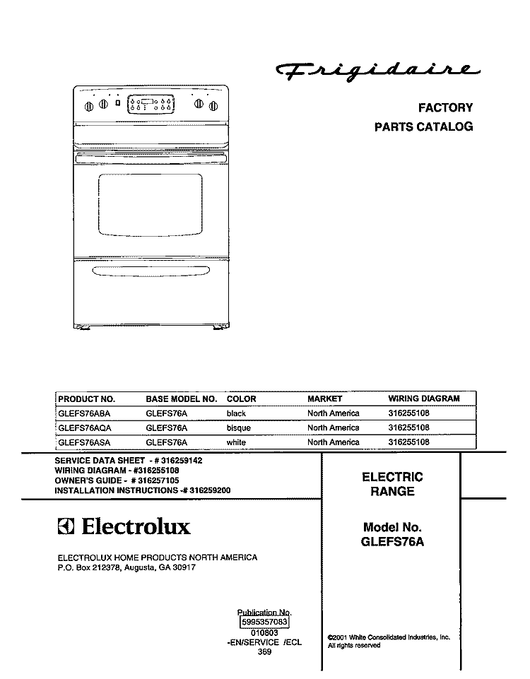 COVER Diagram and Parts List for GLEFS76AQA  Frigidaire Range