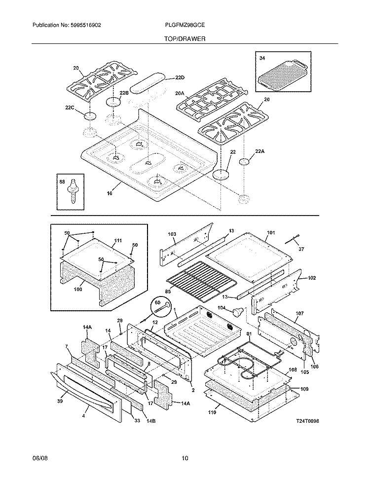 TOP/DRAWER Diagram and Parts List for PLGFMZ98GCE  Frigidaire Range