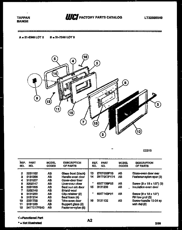 DOOR PARTS Diagram and Parts List for 31-3348-23-05  Tappan Range