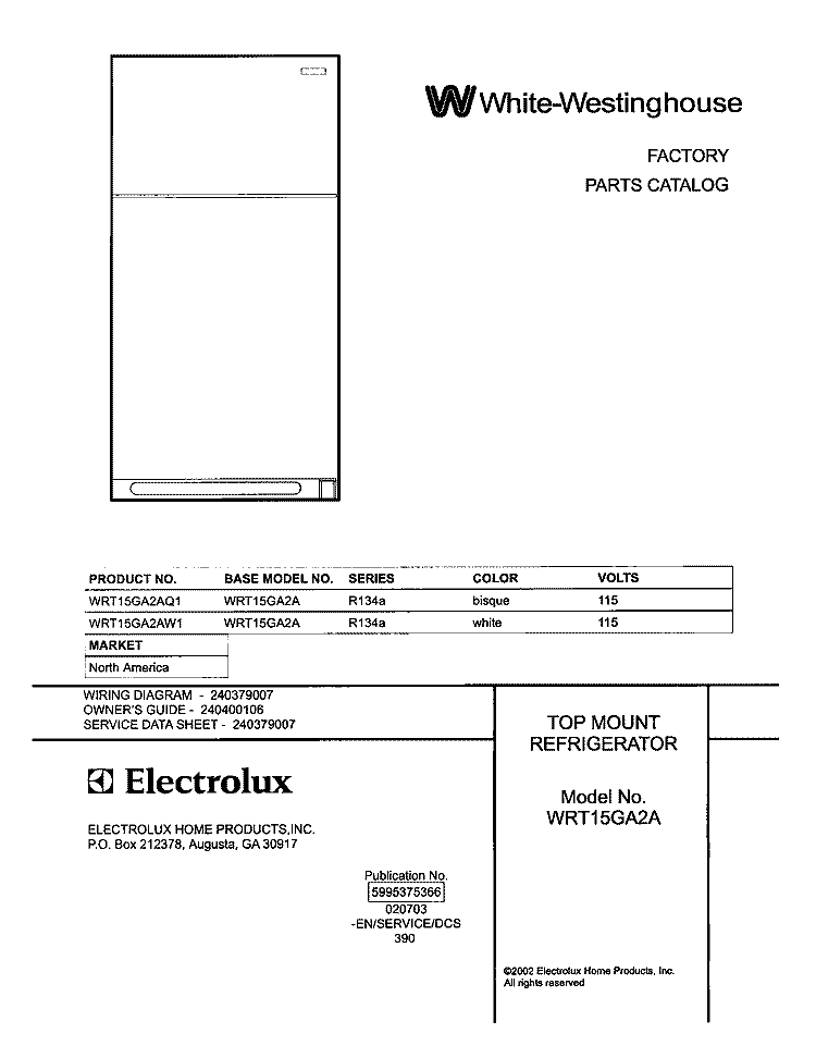 COVER Diagram and Parts List for WRT15GA2AQ1  Westinghouse Refrigerator