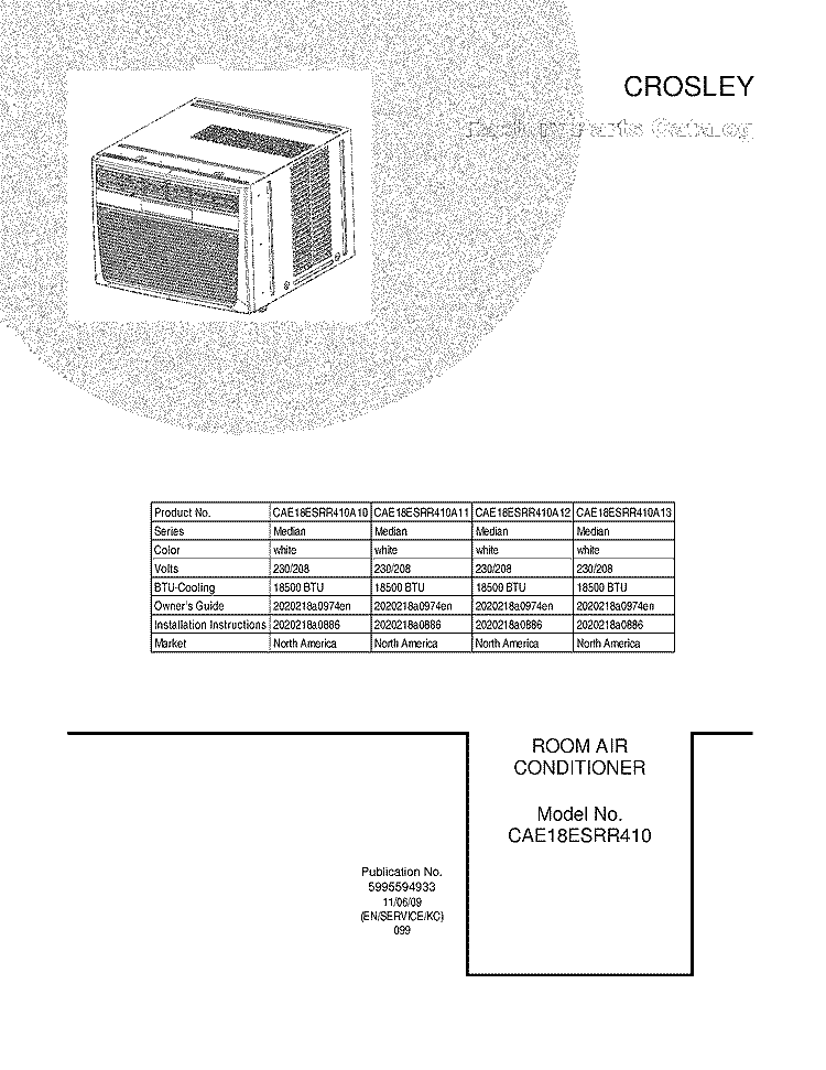 COVER Diagram and Parts List for CAE18ESRR410A13  Crosley Air Conditioner