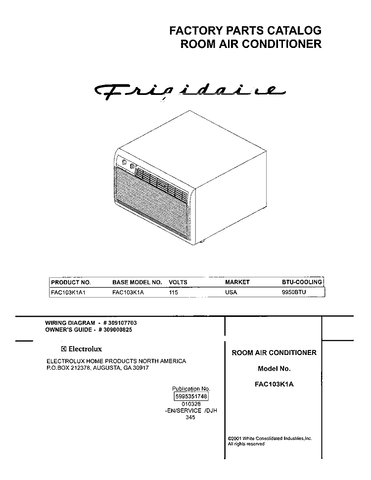 COVER Diagram and Parts List for FAC103K1A1  Frigidaire Air Conditioner