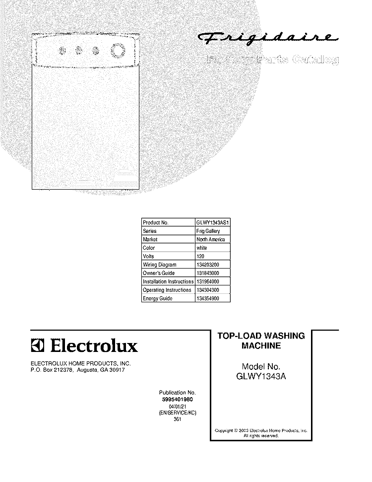 COVER Diagram and Parts List for GLWY1343AS1  Frigidaire Washer