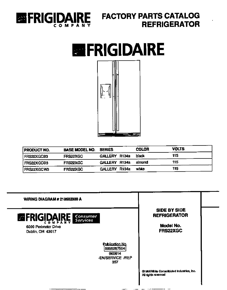 COVER Diagram and Parts List for FRS22XGCD3  Frigidaire Refrigerator