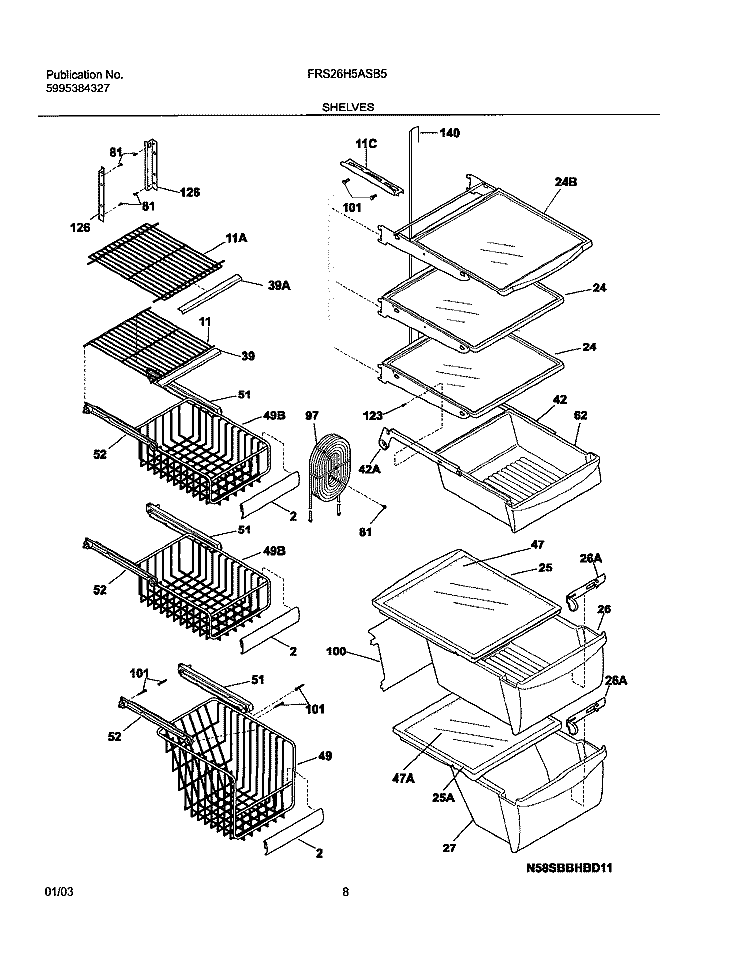 SHELVES Diagram and Parts List for FRS26H5ASB5  Frigidaire Refrigerator