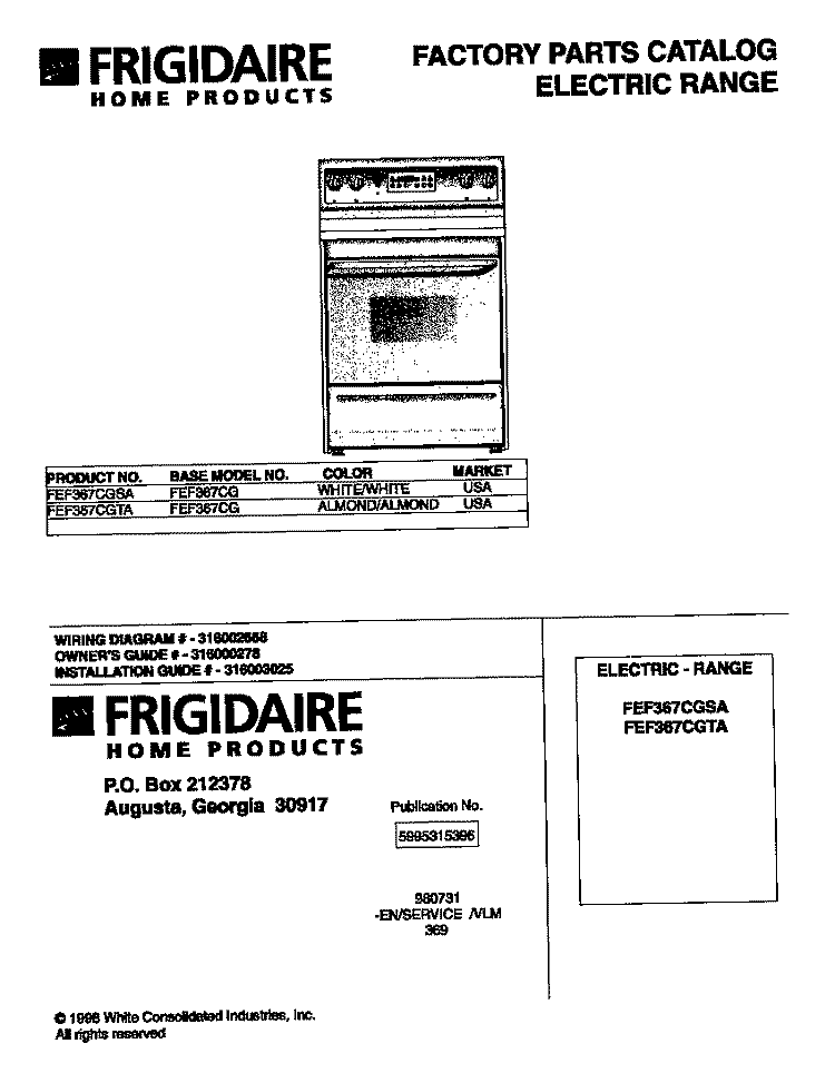 COVER Diagram and Parts List for FEF367CGSA  Frigidaire Range